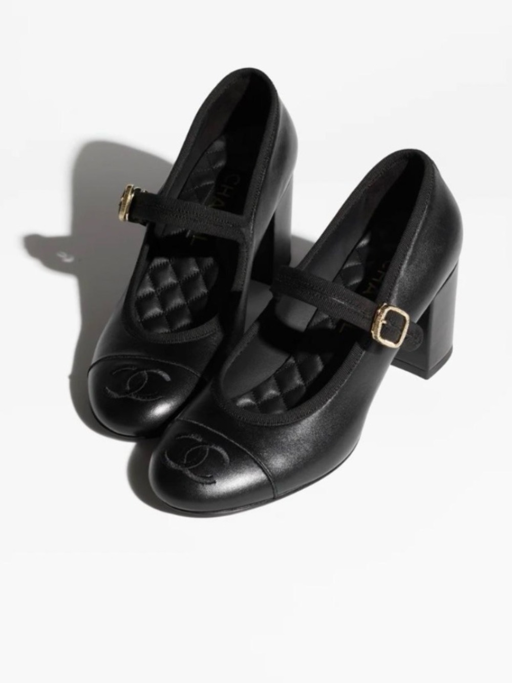 NWT CHANEL Black Leather Mary Jane Block Heels with Gold Buckle